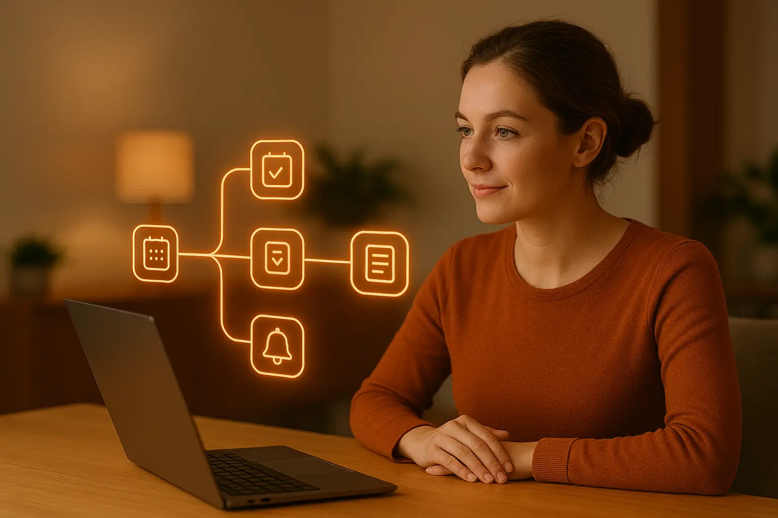 What You Can Automate With AI at Work: A Beginner’s Guide to Smarter Daily Workflows Beginner viewing a simple orange AI automation at work workflow showing different tasks that can be automated at work to improve daily productivity.