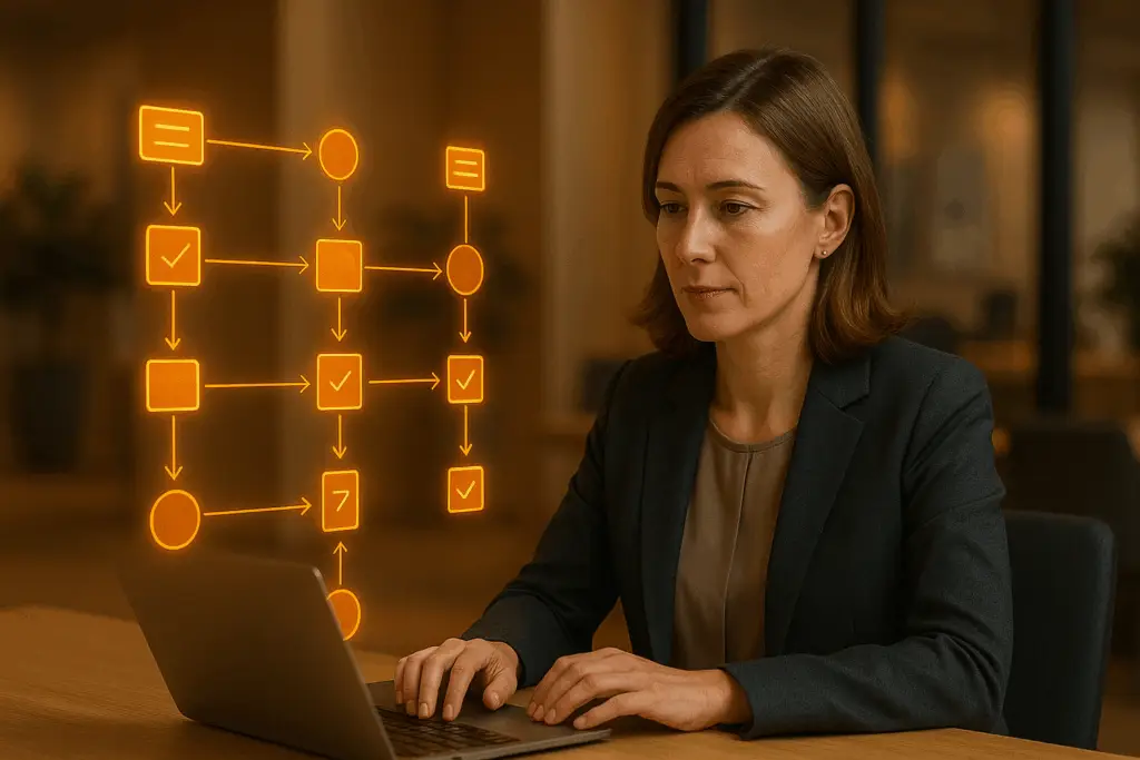 Professional reviewing an AI automation workflow with glowing orange node icons showing everyday tasks that can be automated without coding.