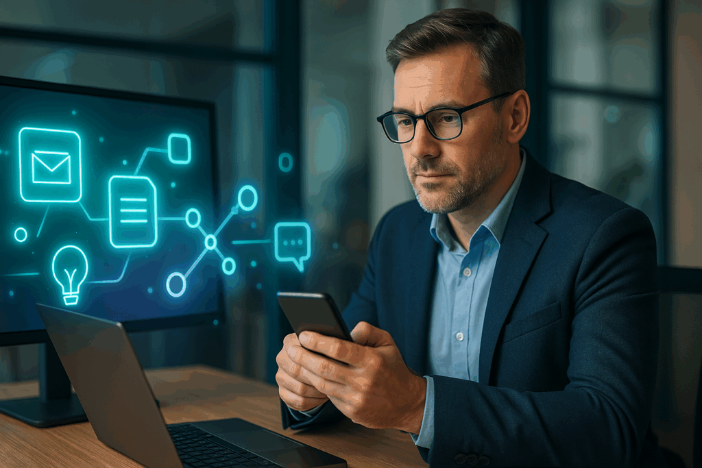 Professional using AI communication tools at work with holographic teal and green message icons, illustrating how AI helps write faster and improve clarity.