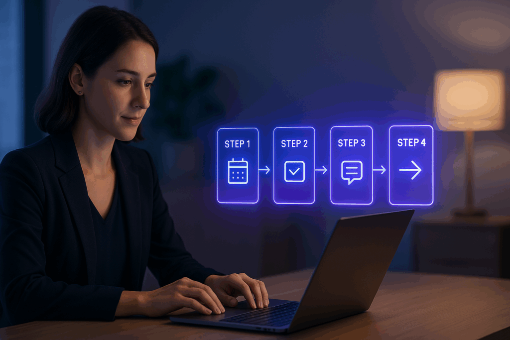 Professional following a blue-purple AI daily workflow tutorial showing a step-by-step daily workflow routine.