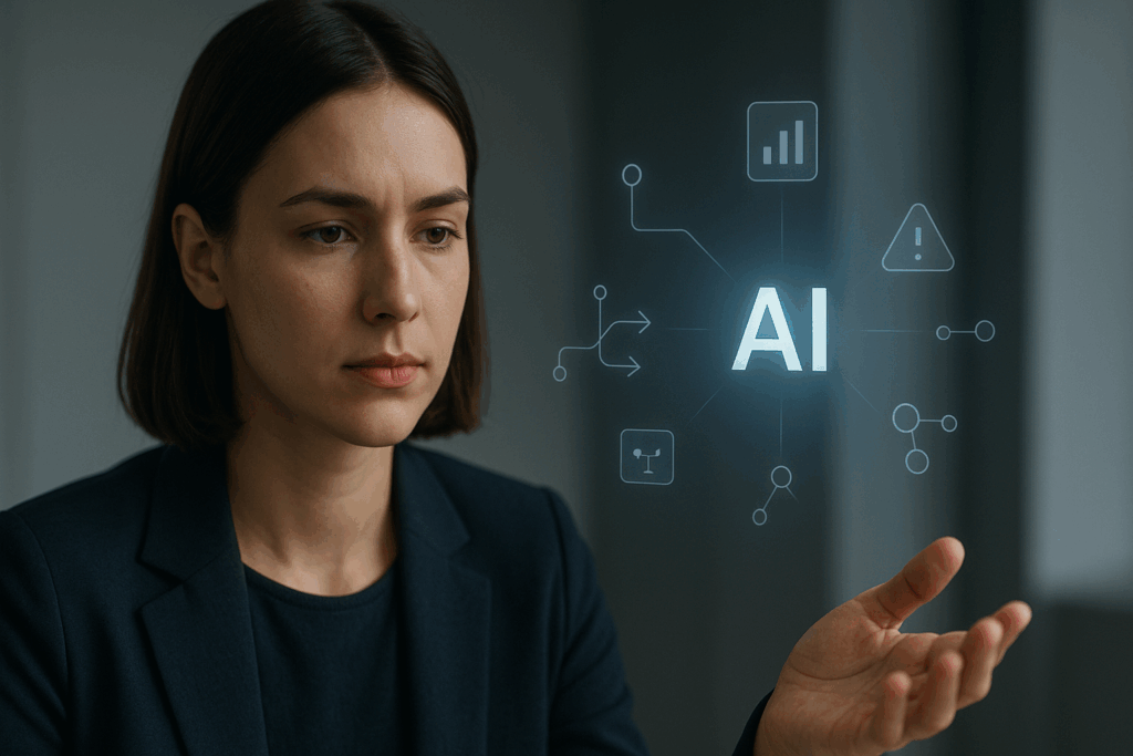 Illustration of AI decision-making at work showing intelligent systems analysing information, supporting clarity, and helping professionals make better choices.