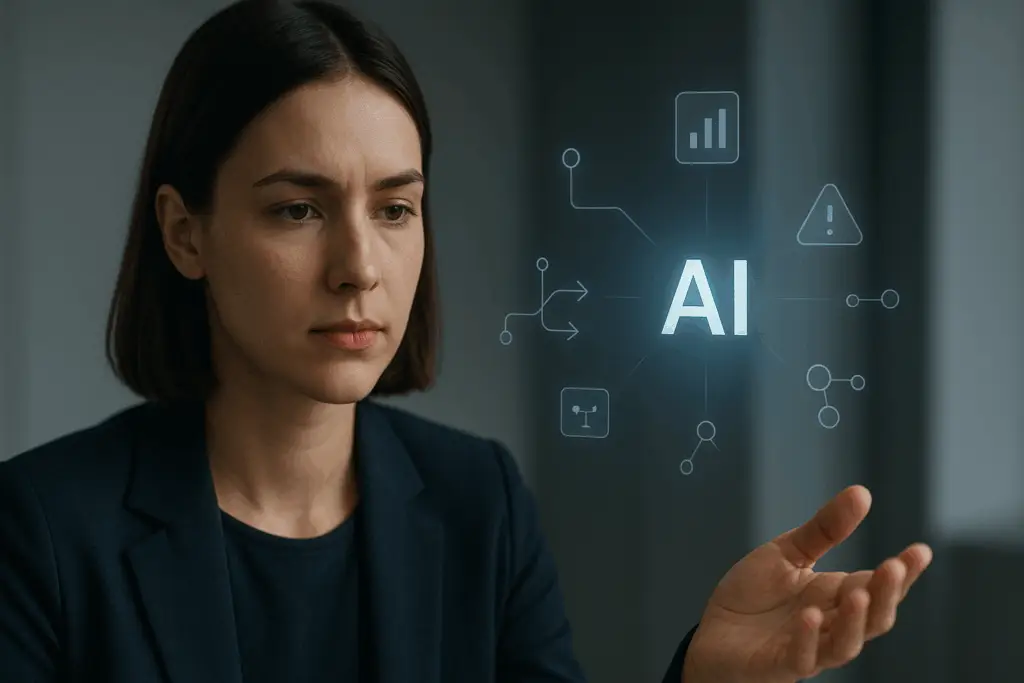 Illustration of AI decision-making at work showing intelligent systems analysing information, supporting clarity, and helping professionals make better choices.