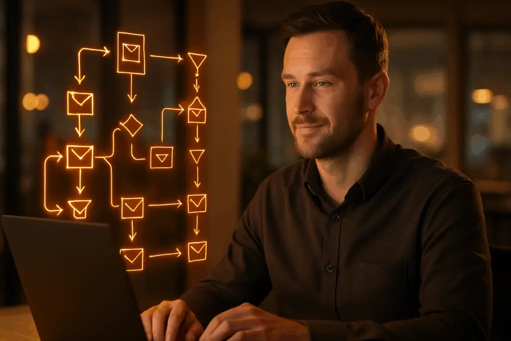 Office worker using AI email automation tools with glowing orange workflow icons representing filters, auto-responses, and time-saving email actions.