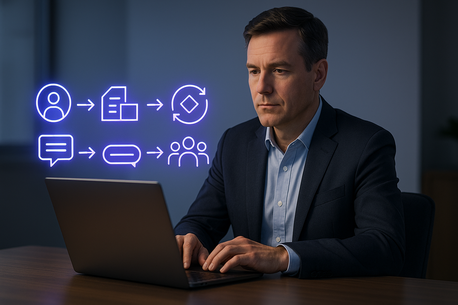 Manager reviewing blue-purple AI guidance icons that teach AI for leadership and confident decision-making.