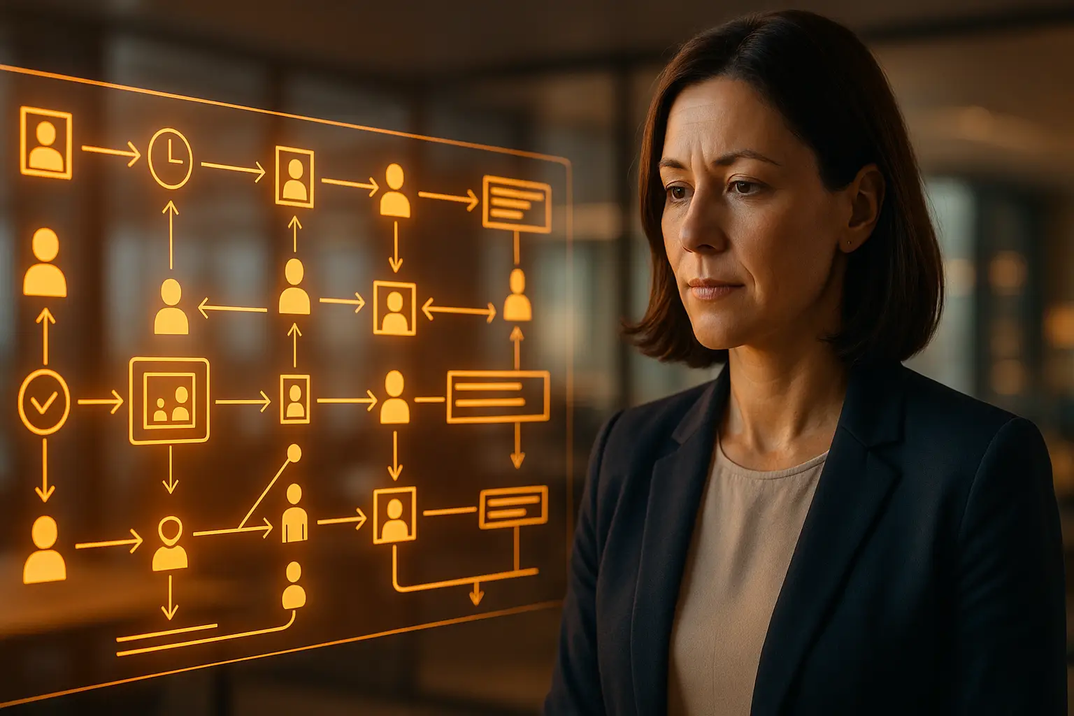 How AI Helps Project Managers Save 8 Hours a Week – Smart Workflow Strategy AI for project managers illustrated by a professional reviewing an automated workflow board with glowing orange icons that show how AI saves time in weekly planning.