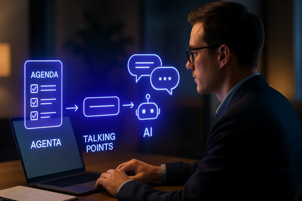 Professional learning AI meeting preparation through a blue-purple step-by-step tutorial with agenda and talking-points icons.