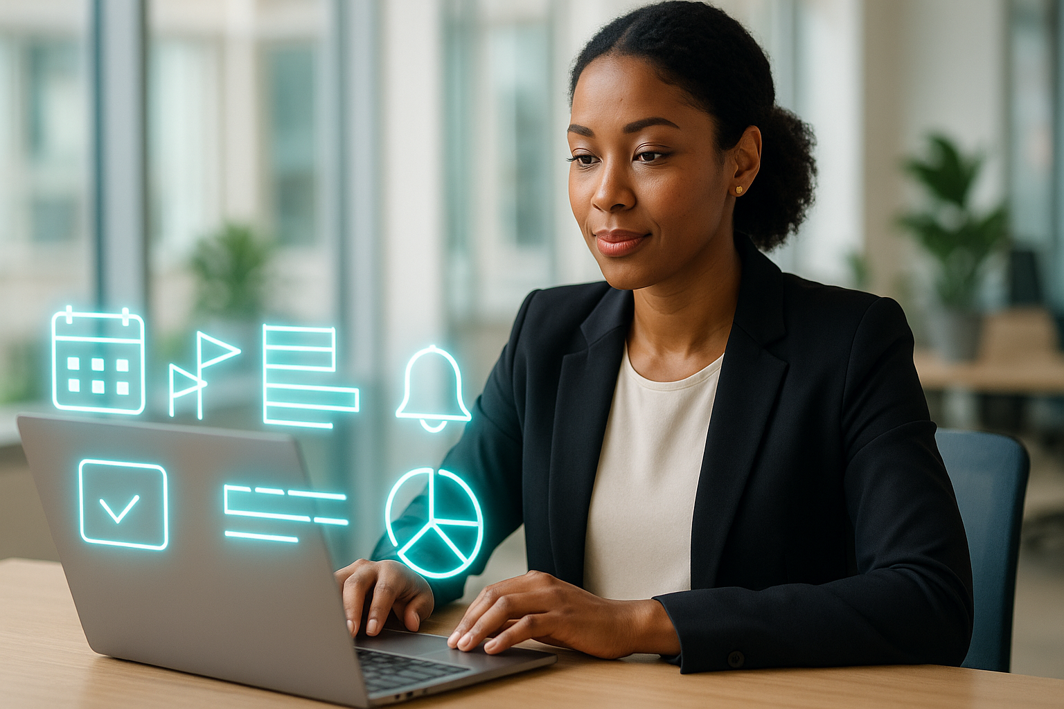 5 Simple AI Planning Tools That Help You Stress Less at Work Female professional using AI planning tools in a modern office with floating teal productivity icons representing calendars, priorities, and workflows that reduce stress at work.