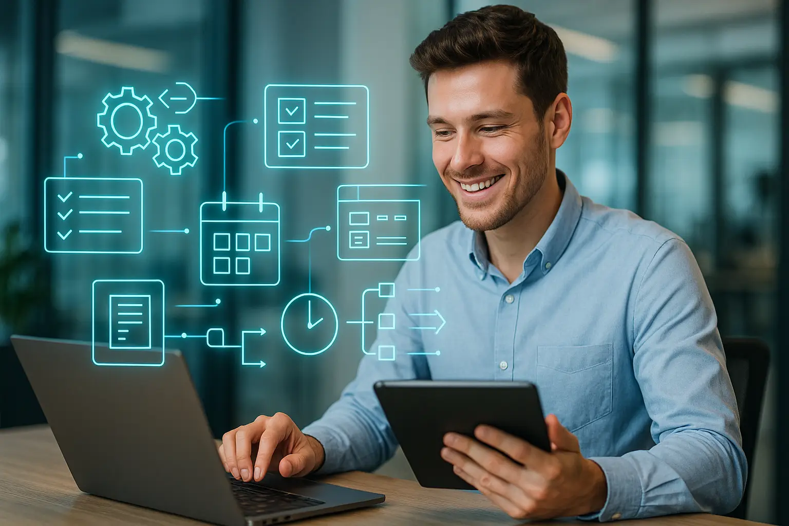 AI Productivity Hacks: 25 Real Examples You Can Use Today Professional using multiple AI productivity tools with floating teal holographic icons showing automation, task extraction, and workflow shortcuts.