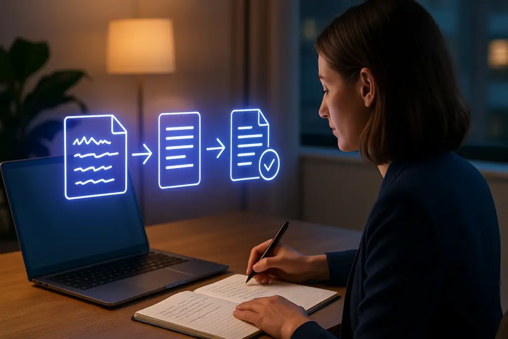 Professional viewing an AI summaries tutorial that converts rough meeting notes into a clear structured summary using blue-purple instructional icons.