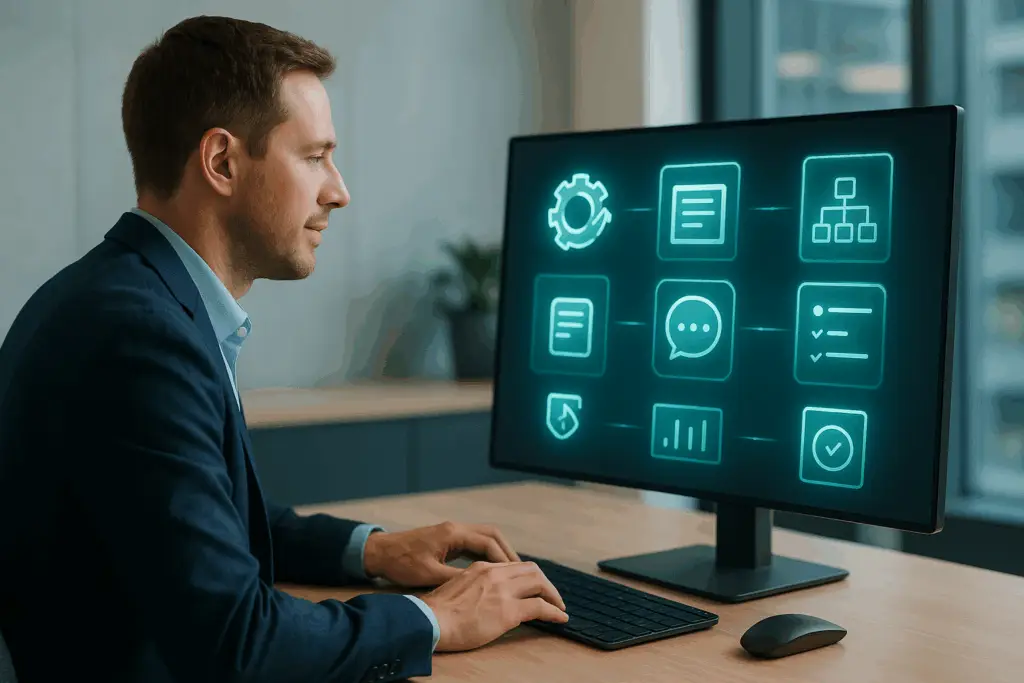 10 Best AI Tools to Boost Productivity at Work Office professional reviewing AI productivity tools on a large screen with teal and blue holographic icons showing automation, task management, and analytics tools.