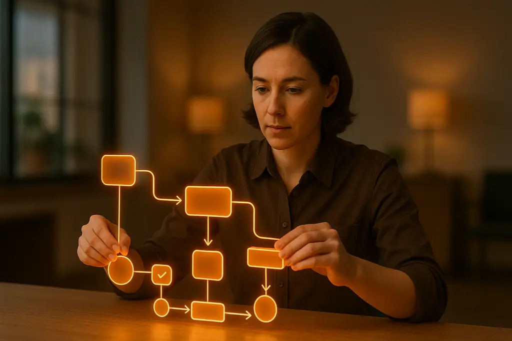 How to Build Your First AI Automation System (Without Coding) Professional building a no-code AI automation system with glowing orange nodes and workflow blocks connecting into a complete process.