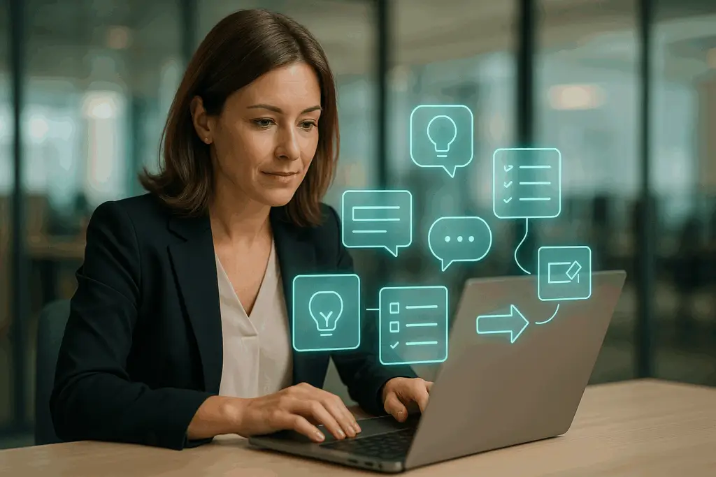 25 Real-World ChatGPT Prompts for Professionals Professional typing ChatGPT prompts on a laptop with teal holographic idea bubbles, structured lists, and workflow-enhancing suggestions.