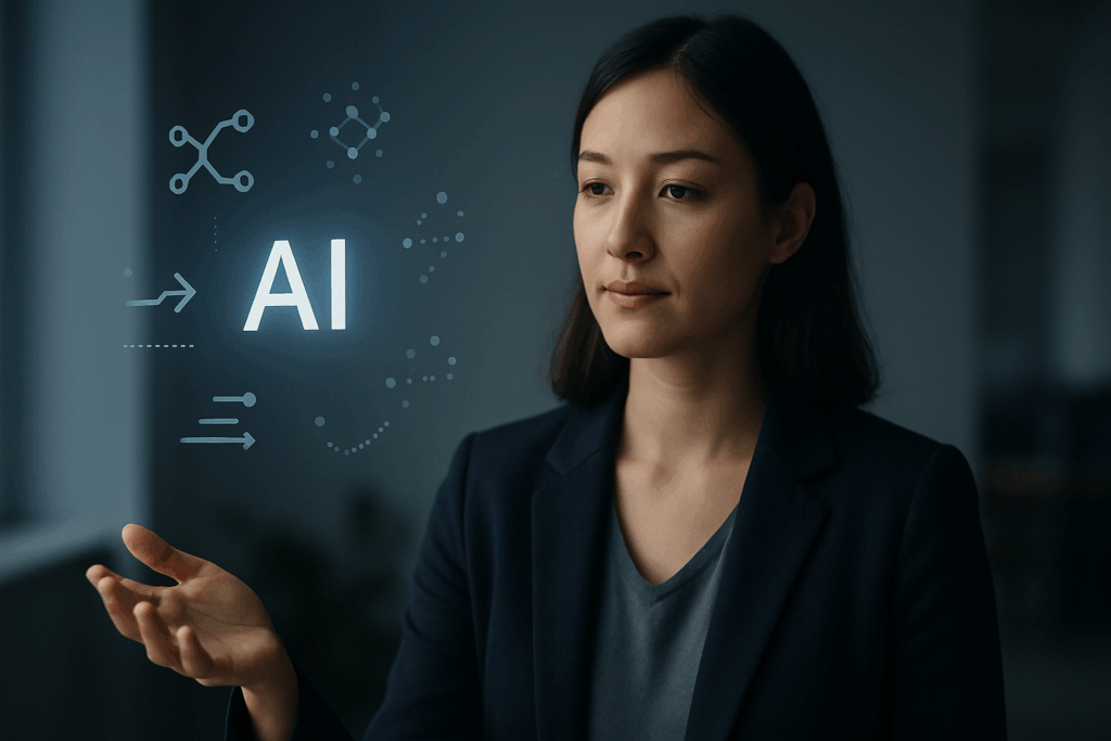 Illustration representing the future of AI at work, showing ambient AI systems supporting workplace decision-making and modern professional workflows.