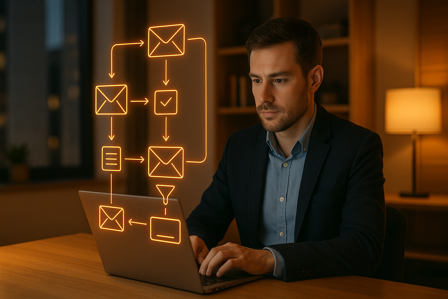 Professional using inbox automation with AI glowing orange icons sorting and categorising emails in a no-code workflow.