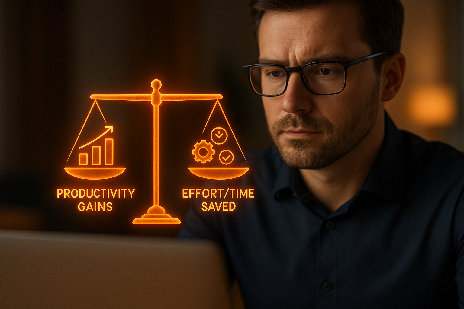 Professional evaluating the real ROI of AI with orange inbox automation icons showing productivity gains versus effort saved.