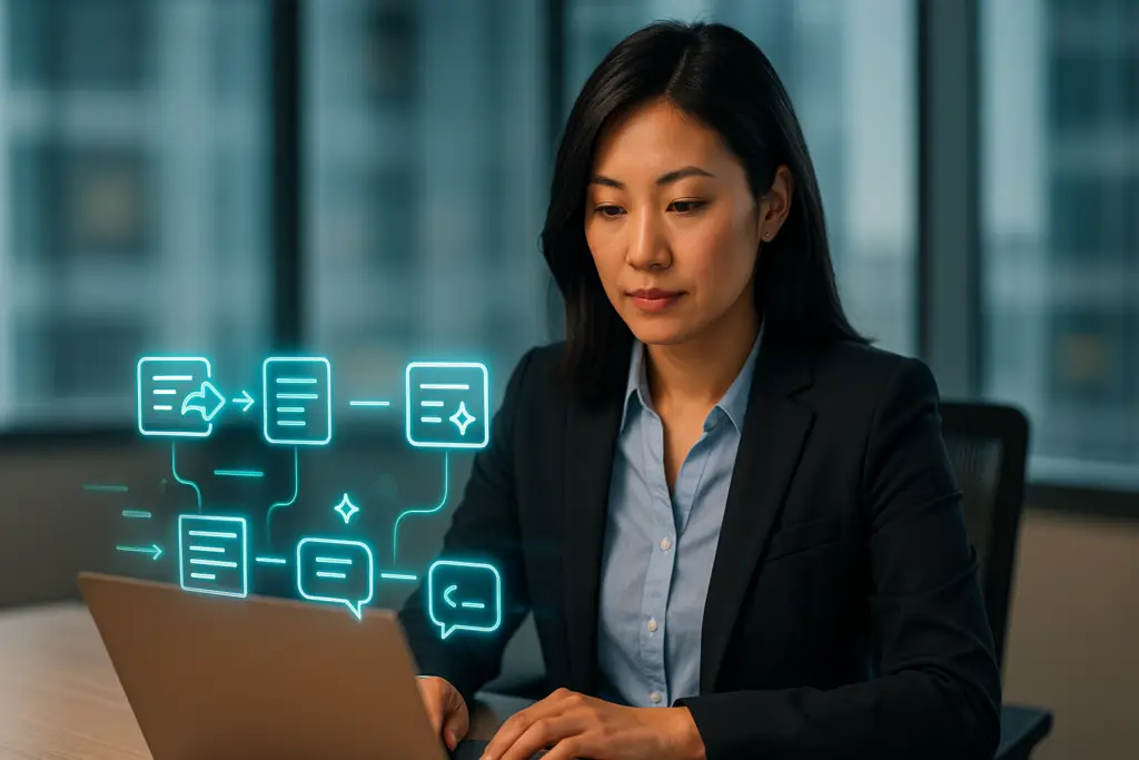 Woman reviewing AI-enhanced communication tools on her laptop with glowing teal UI elements showing message optimisation and clarity improvements.