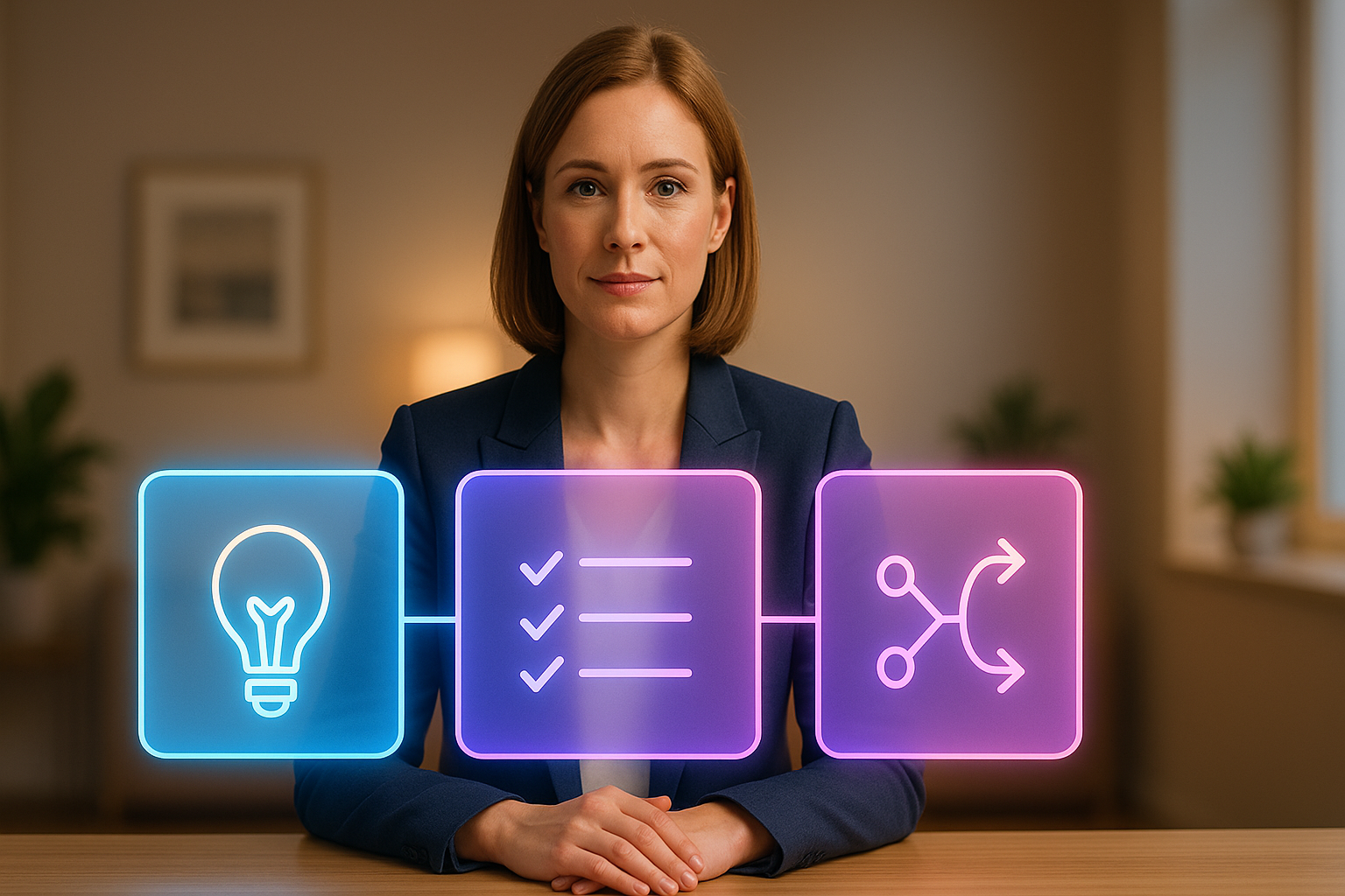 Where to Start With AI – busy professional reviewing simple AI framework with glowing steps – AI Basics